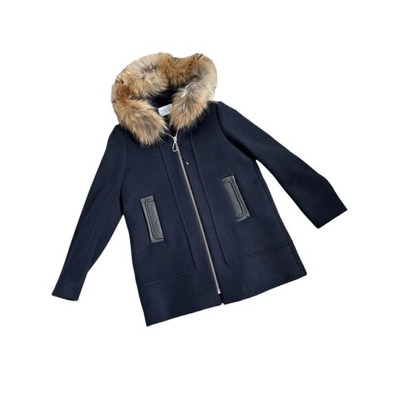 Sandro Jovan Fur-Trim Hooded Coat Women’s Navy Blue Size 38